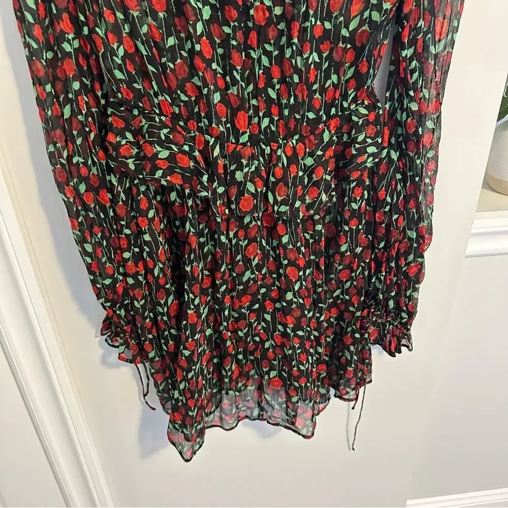 The Kooples Black Red Floral Silk Long Sleeve Mini Dress Small